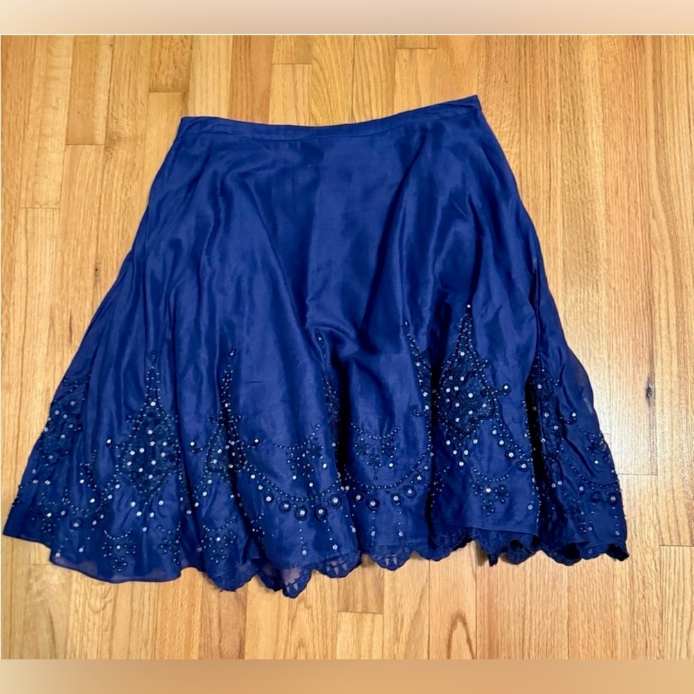 Lithe Anthropologie Navy Embellished Skirt Boho A-Line Feminine Size 12 Vintage